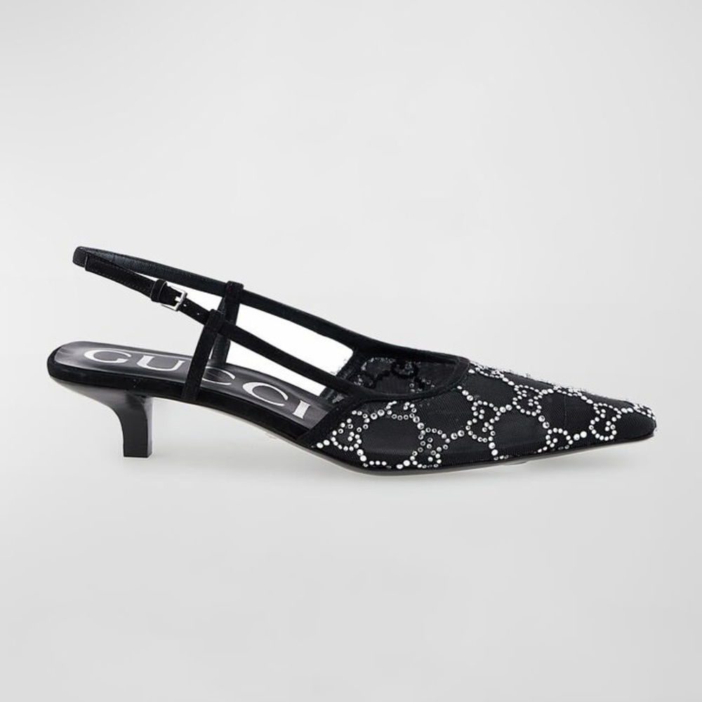 Gucci Black Crystal-Studded Slingback Kitten Heel